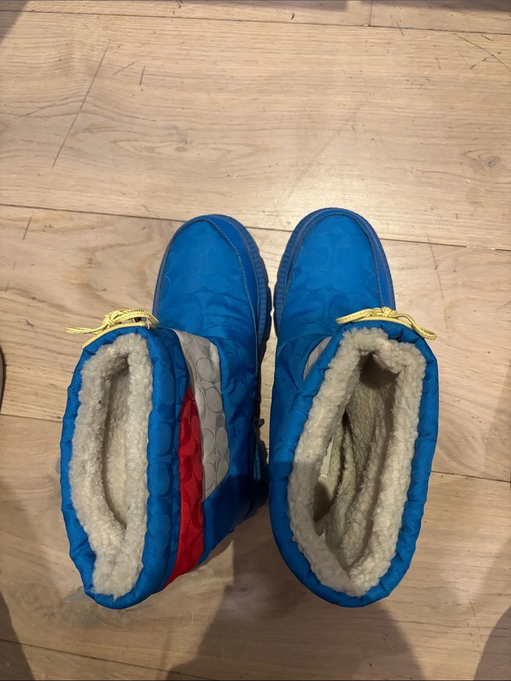 COACH Blue Quilted Puffer Platform Winter Boots with Shearling Lining